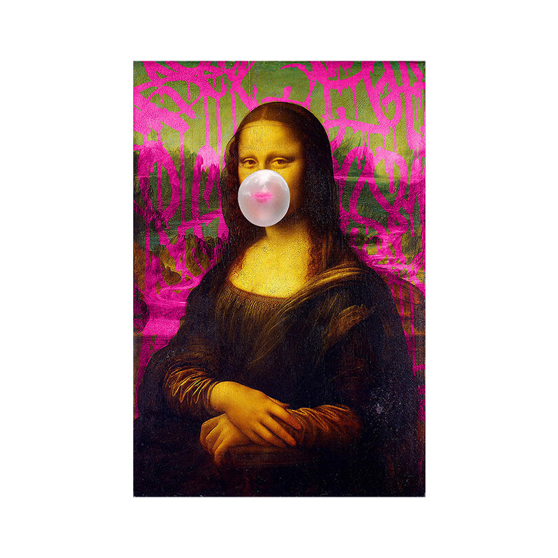 Canvas Textured Art Print Contemporary Mona Lisa Chewing Gum Wall Decor in Red-Brown