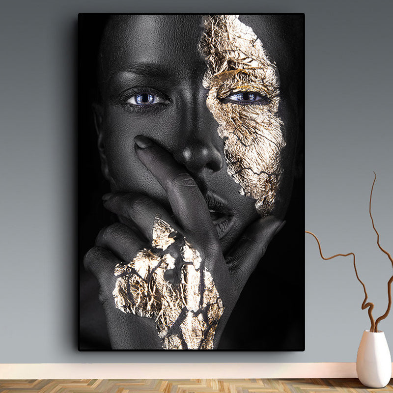 Black-Gold Woman Face Canvas Print Figure Glam Textured Surface Wall Art Decor for Room