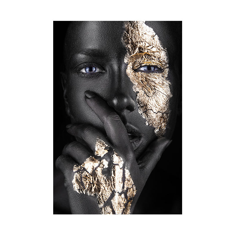 Black-Gold Woman Face Canvas Print Figure Glam Textured Surface Wall Art Decor for Room