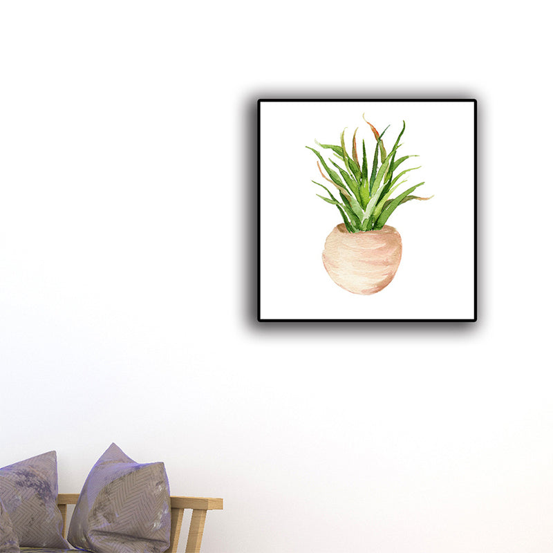 Pot Plant Wall Art Rustic Stylish Botanic Canvas Print in Green for Bedroom