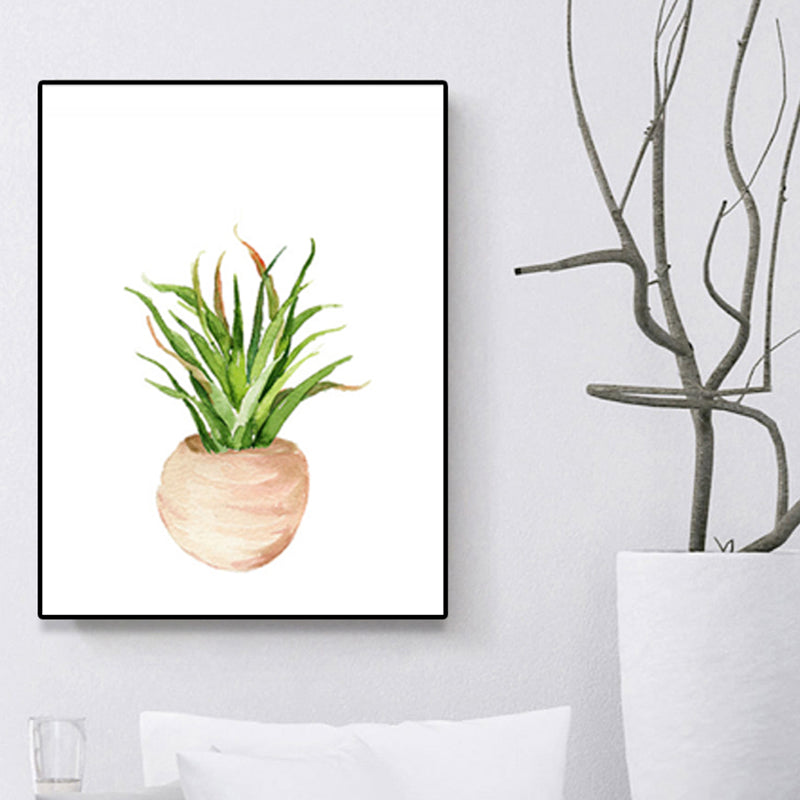 Pot Plant Wall Art Rustic Stylish Botanic Canvas Print in Green for Bedroom