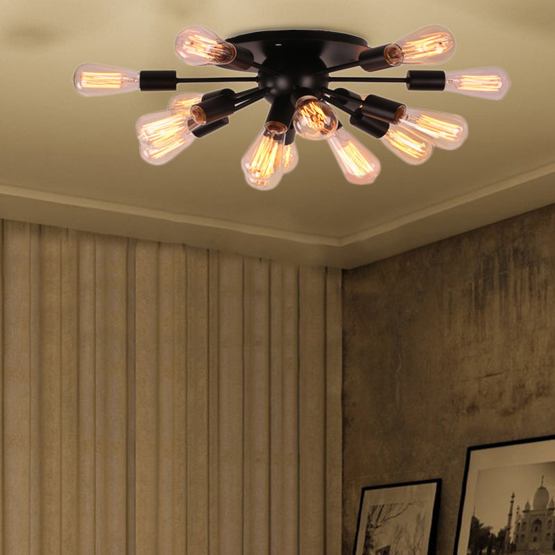 Vintage Industrial Sputnik Suspension Light Multi Light Metallic Semi Flush Ceiling Light in Black for Living Room