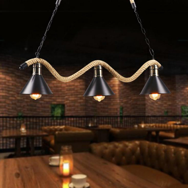Farmhouse Style Conic Island Lamp 3/5 Bulbs Metal and Rope Pendant Light with Wavy Design in Black