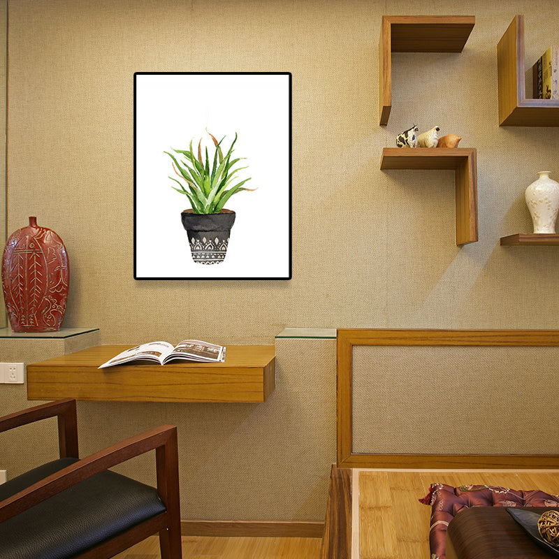 Rustic Aloe Vera Canvas Art Green Potted Plant Painting Wall Decor for Sitting Room