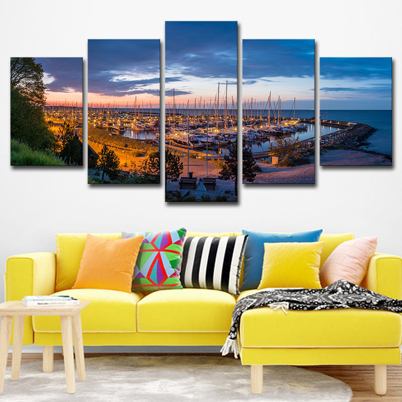 Coastal Yacht Nightfall Scene Art Print Blue Tropical Wall Decor for Living Room