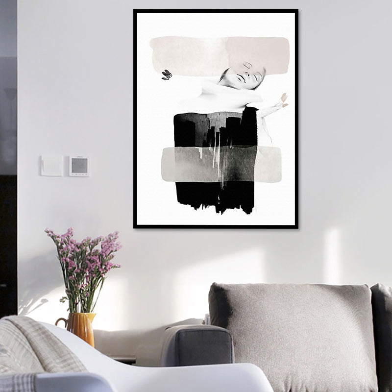 Minimalismus-Wandkunst mit Frauengesicht, strukturierte Leinwand in dunklen Farben, Wanddekoration für den Flur