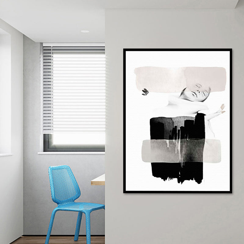 Minimalismus-Wandkunst mit Frauengesicht, strukturierte Leinwand in dunklen Farben, Wanddekoration für den Flur