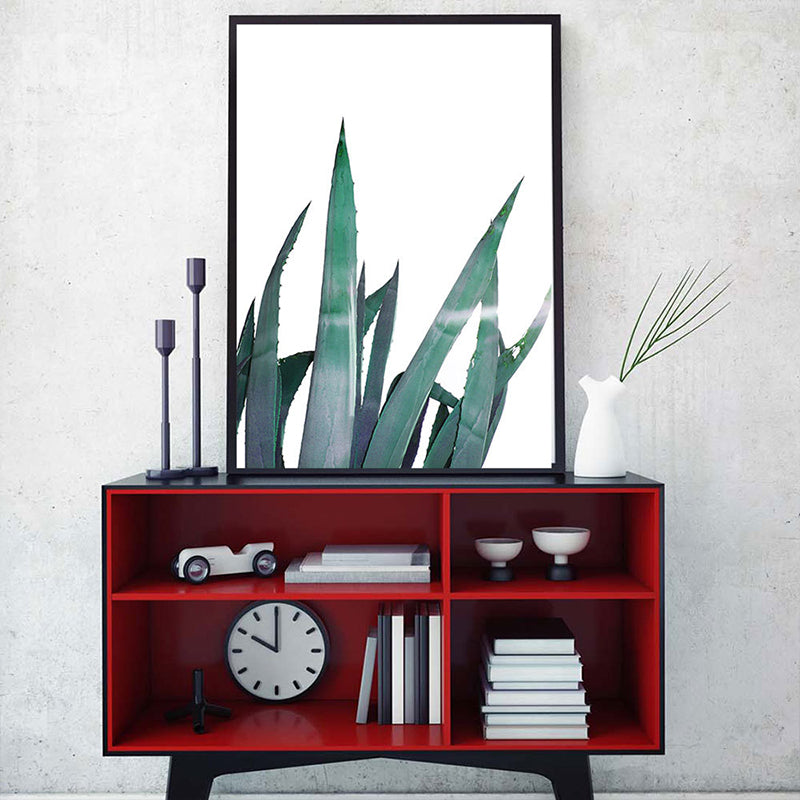 Country Aloe Leaves Wall Art Green and White Textured Canvas Print for Dining Room