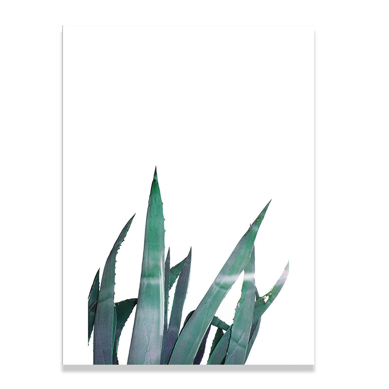 Country Aloe Leaves Wall Art Green and White Textured Canvas Print for Dining Room
