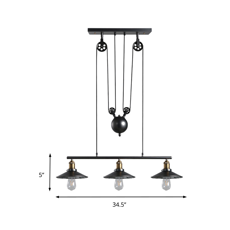 Saucer Foyer Island Lighting Industrial Style Metal 3 Lights Black Hanging Ceiling Light with Pulley