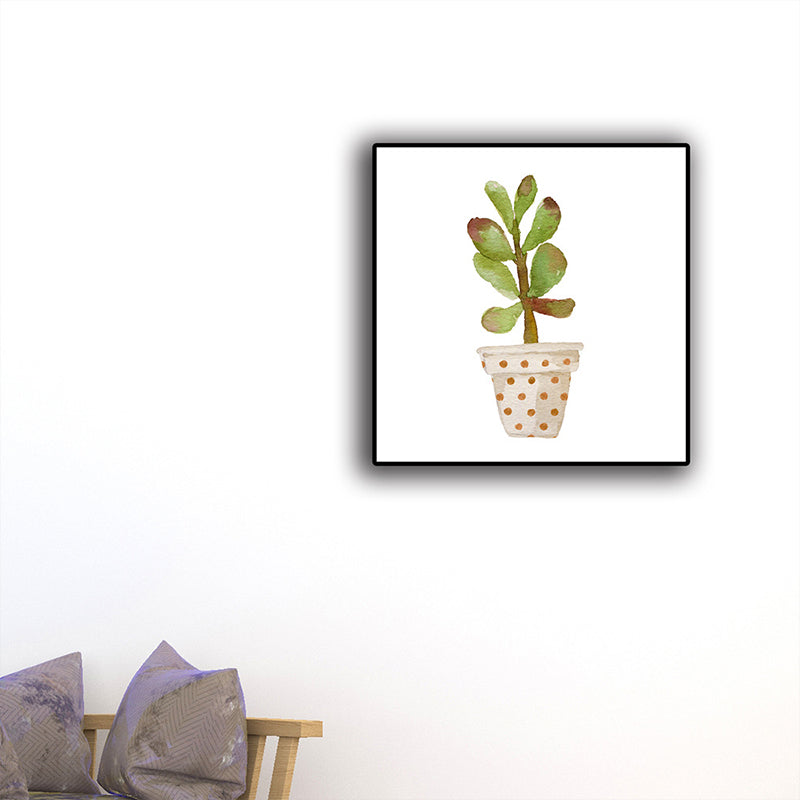 Textured Pot Plant Art Print Canvas Farmhouse Wall Decor for House Interior, Green