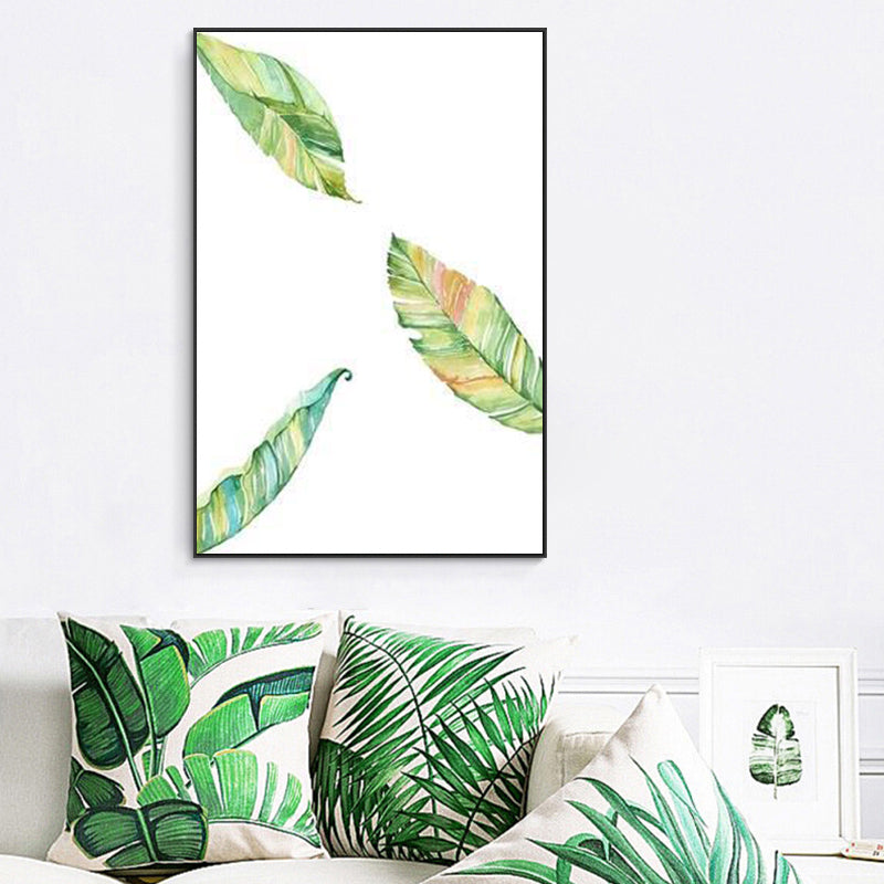 Textured Leaf Painting Wall Decor Rustic Canvas Art Print in Green for Living Room