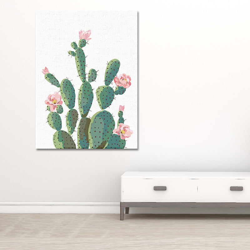 Green Cactus Blossom Canvas Print Botanical Tropical Textured Wall Art for Home