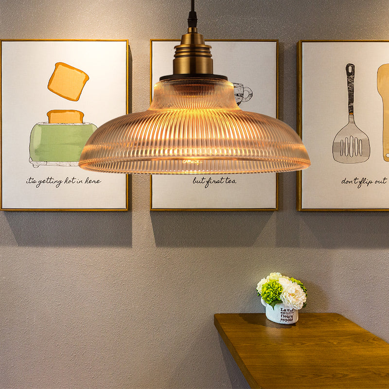 Brass Dome Pendant Ceiling Light Farmhouse Ribbed Glass 1 Light Living Room Hanging Lamp