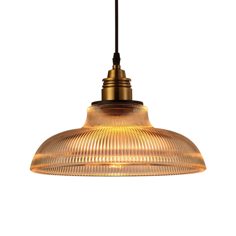 Brass Dome Pendant Ceiling Light Farmhouse Ribbed Glass 1 Light Living Room Hanging Lamp