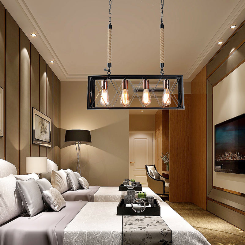 Linear Metal Island Lighting with X-Cage Shade Vintage Industrial 4 Bulbs Living Room Island Pendant Light in Black