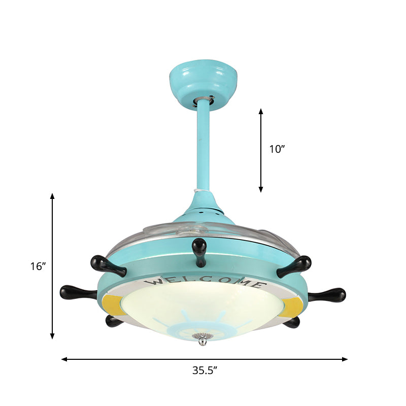 35.5 "Iluminación de ventilador de vidrio esbelto de 35.5" Niños 1 cabeza Azul Semi Flush Mount Lighture para dormitorio, 4 cuchillas