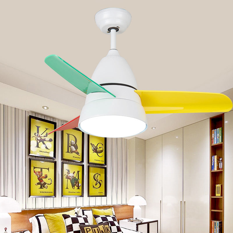36" Width LED Bedroom Hanging Fan Lamp Kids Black/Silver/White Semi Flush Ceiling Light with Halo Acrylic Shade, 3 Colored Blades