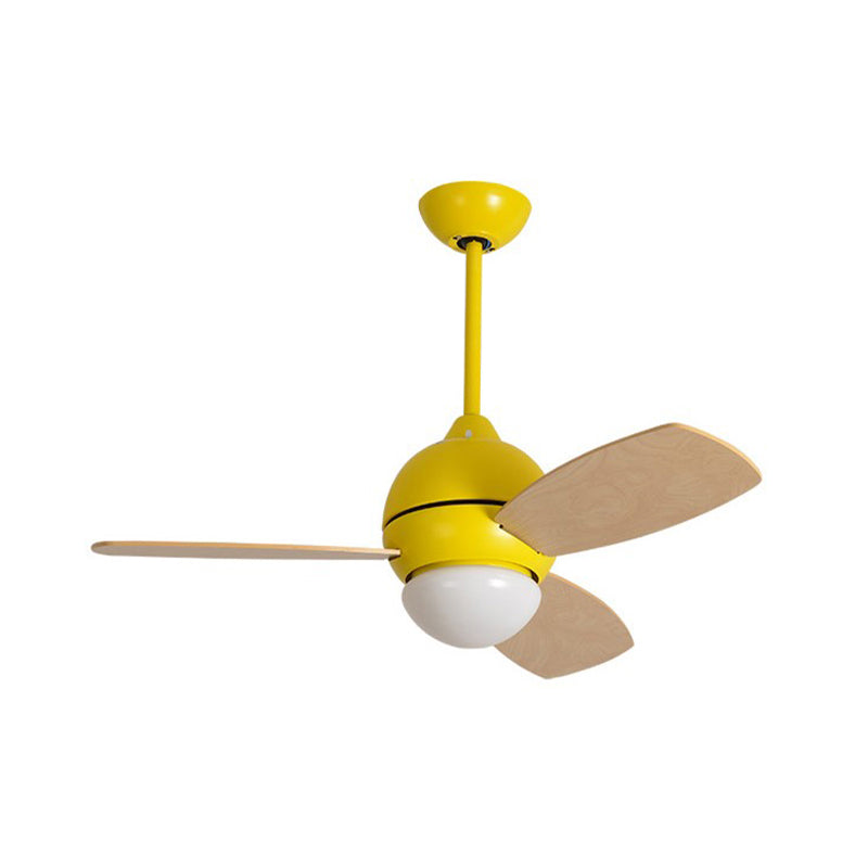 Ciotola modernista a ventola in metallo Light LED Monte semi-flush in rosa/giallo/verde con 3 lame in legno per soggiorno, larghezza 34 "
