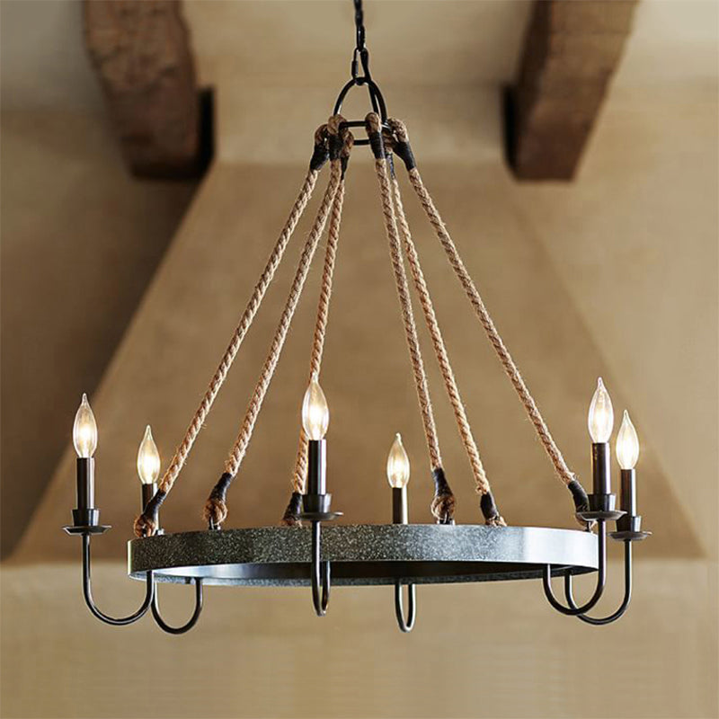 Vintage Candle Chandelier Lamp with Open Bulb 6 Heads Metal and Rope Ceiling Pendant Lamp in Black/Rust for Restaurant