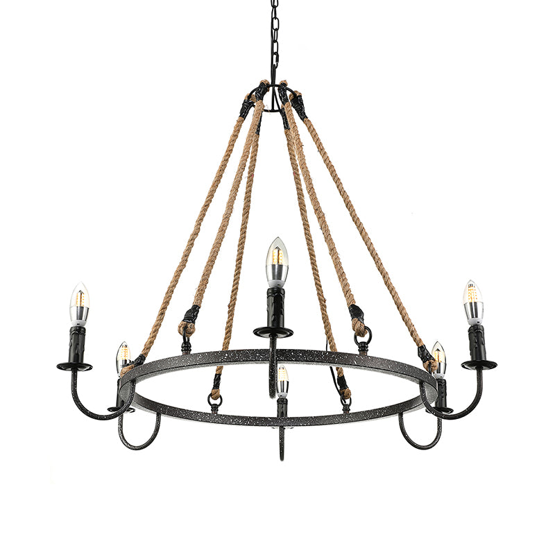 Vintage Candle Chandelier Lamp with Open Bulb 6 Heads Metal and Rope Ceiling Pendant Lamp in Black/Rust for Restaurant