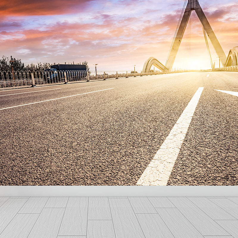 Straight Road Mural Wallpaper Pastel Color Contemporary Wall Covering for Living Room