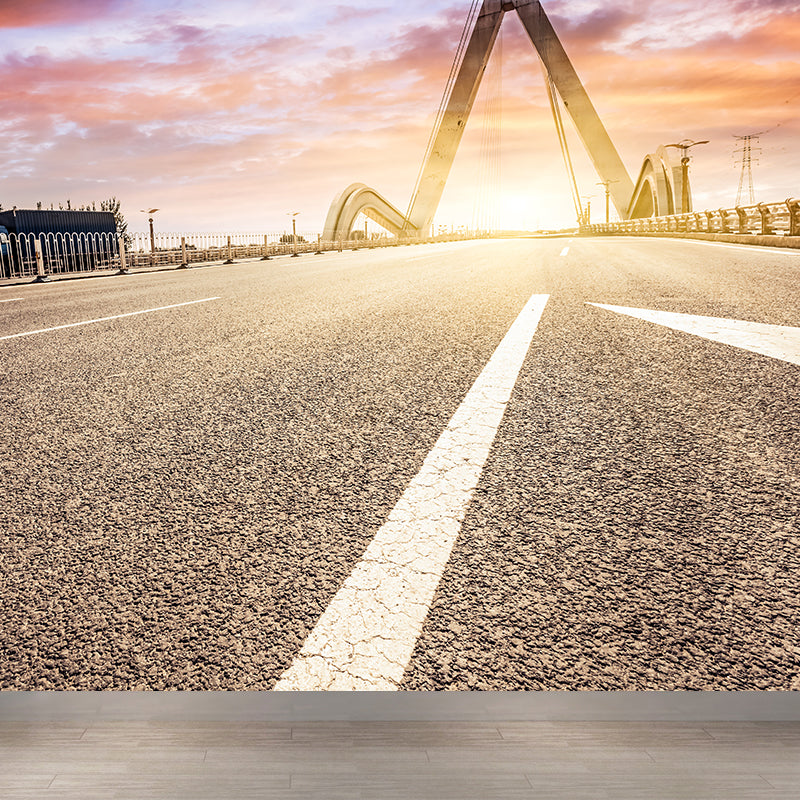 Straight Road Mural Wallpaper Pastel Color Contemporary Wall Covering for Living Room