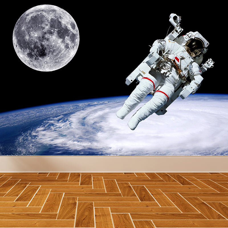 White Astronaut Printed Mural Stain Resistant Fictional Boys Bedroom Wall Covering
