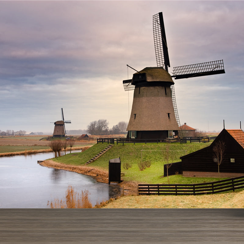 Romantic Windmill View Mural Decal for Living Room, Soft Color, Custom Size Available