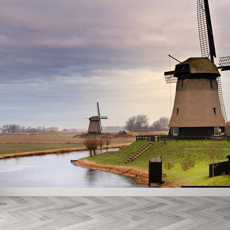 Romantic Windmill View Mural Decal for Living Room, Soft Color, Custom Size Available