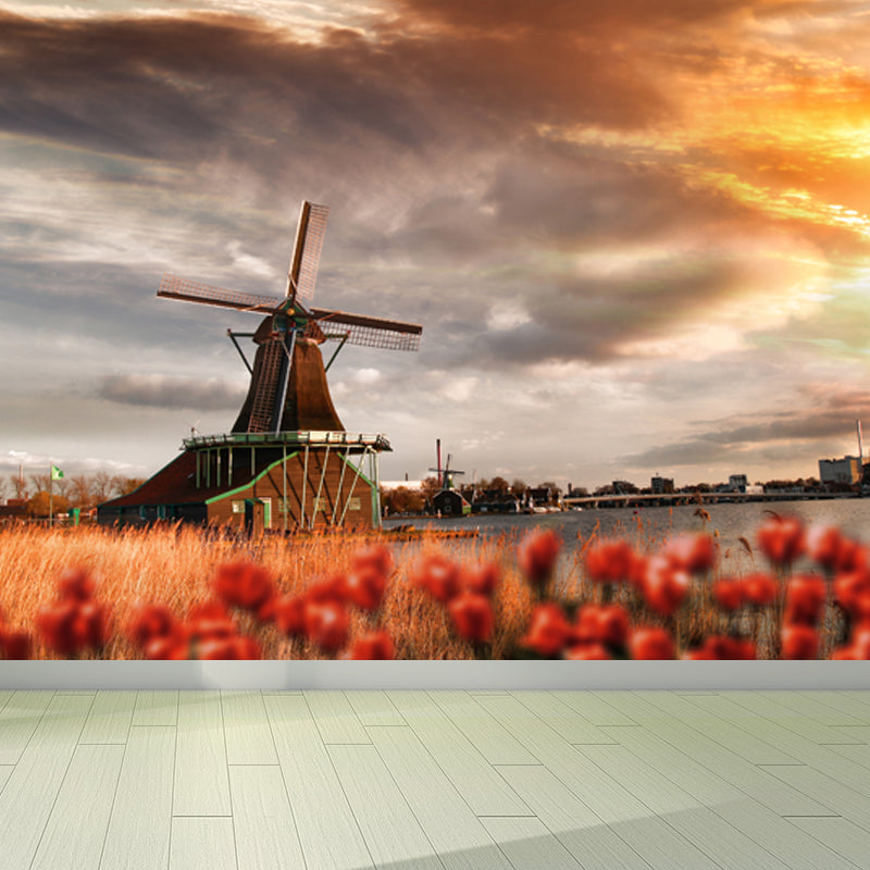 Romantic Windmill View Mural Decal for Living Room, Soft Color, Custom Size Available