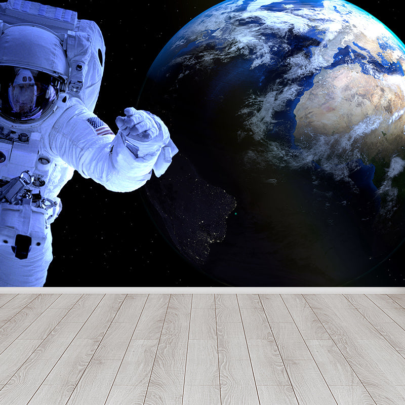 Blue Fictional Wall Mural Huge Astronaut and Earth Wall Covering for Living Room
