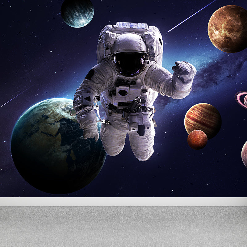 Blue Fictional Wall Mural Huge Astronaut and Earth Wall Covering for Living Room