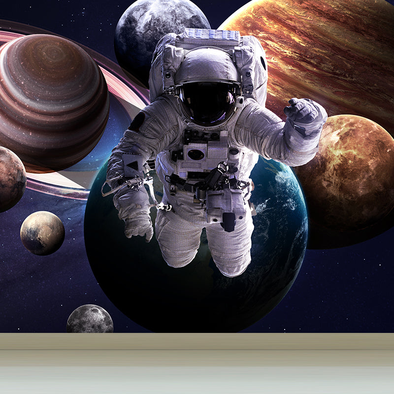 Blue Fictional Wall Mural Huge Astronaut and Earth Wall Covering for Living Room