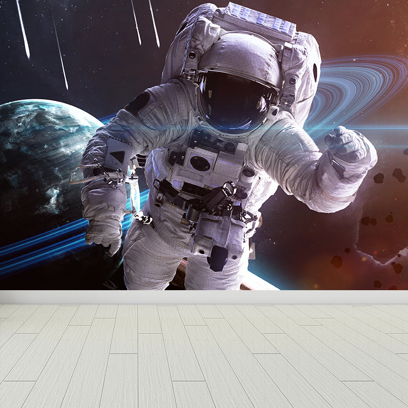 Blue Fictional Wall Mural Huge Astronaut and Earth Wall Covering for Living Room