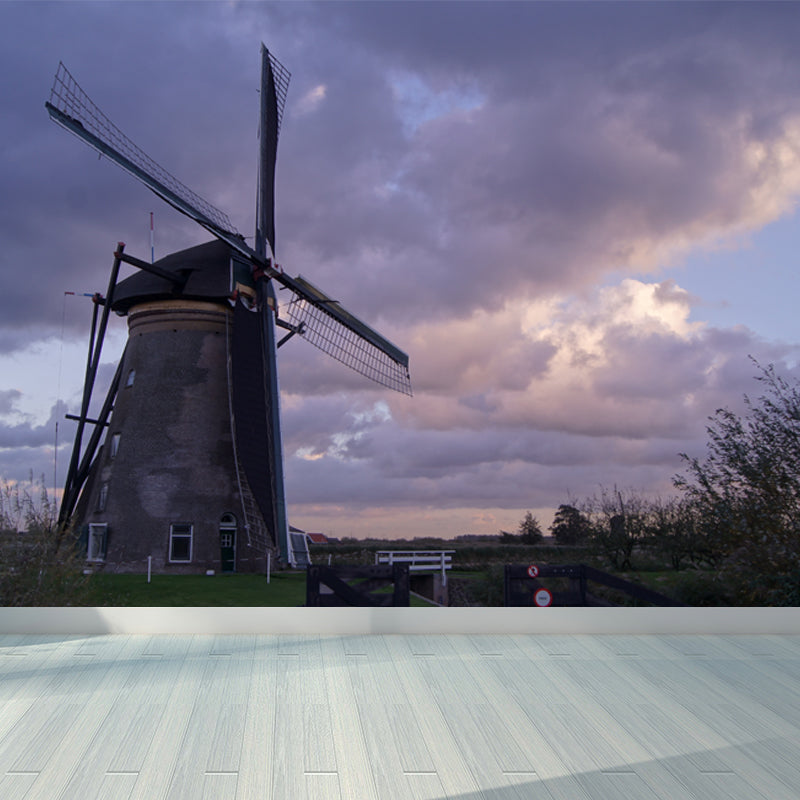 Huge Windmill and Sky Mural for Bedroom Nature Scene Wall Art in Pastel Color, Stain Resistant