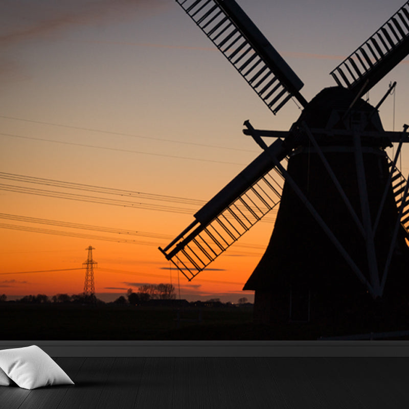 Huge Windmill and Sky Mural for Bedroom Nature Scene Wall Art in Pastel Color, Stain Resistant