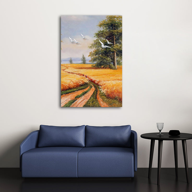 Yellow Painting Canvas Bird Flying over Field Landscape Rustic Textured Wall Art