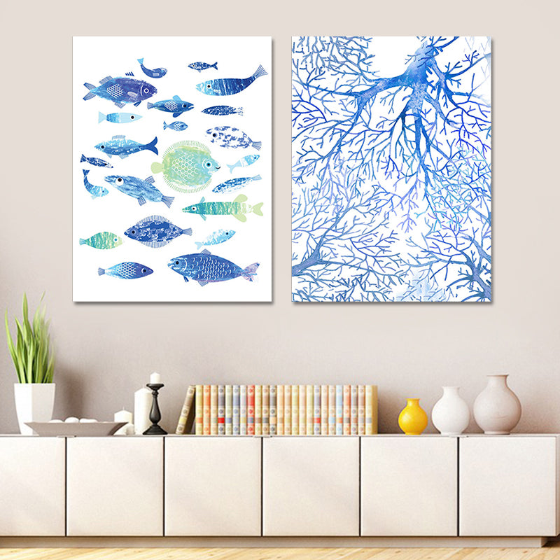 Tropical Undersea World Art Print Blue Living Room Wall Decoration, Textured Surface