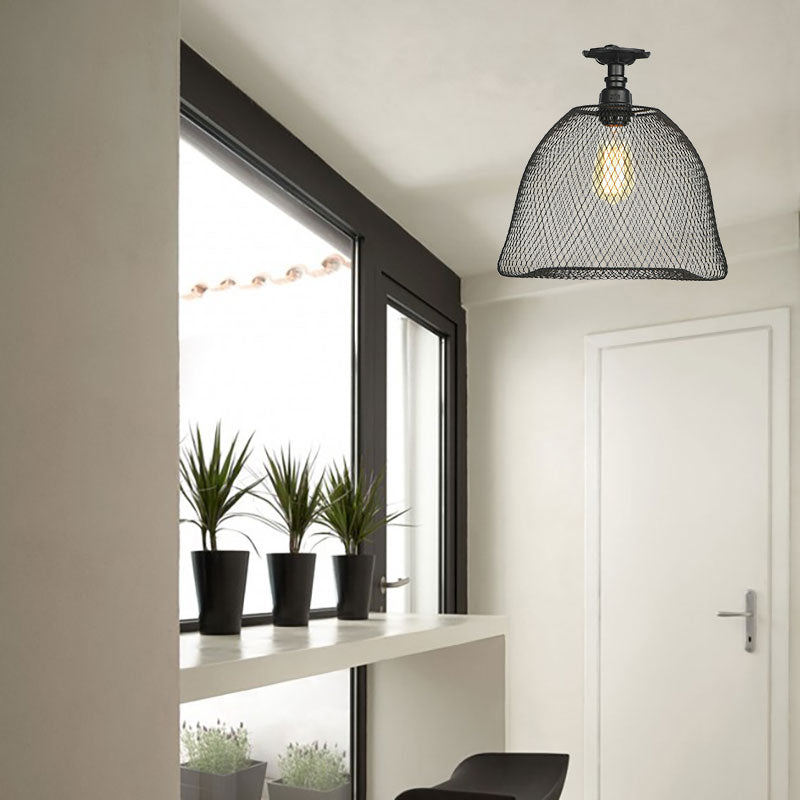 1 Bulb Saucer/Barrel Semi Flush Light Industrial Stylish Black Finish Metal Ceiling Mounted Light with Mesh Screen