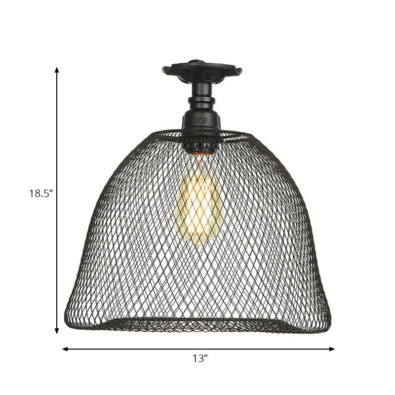 1 Bulb Saucer/Barrel Semi Flush Light Industrial Stylish Black Finish Metal Ceiling Mounted Light with Mesh Screen