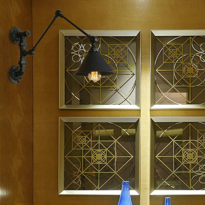 Swing Arm Bedroom Wall Sconce Industrial Metal 1 Light Black Wall Mount Light with Cone Shade, 7"/8.5" Wide