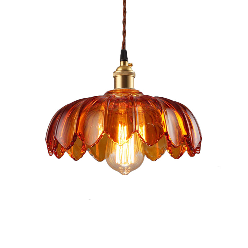 Scalloped Pendant Lighting Corridor Amber Glass Single Bulb Vintage Hanging Light, 8"/10"/12" Wide
