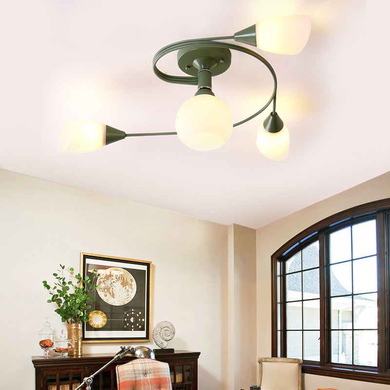 Curly Semi Flush Mount Light Nordic Fer 4/6 HEAD GREN / ROSE / JAUNE PLAFICATION AVEC BLAND D'ECVOIRE DE VERRE