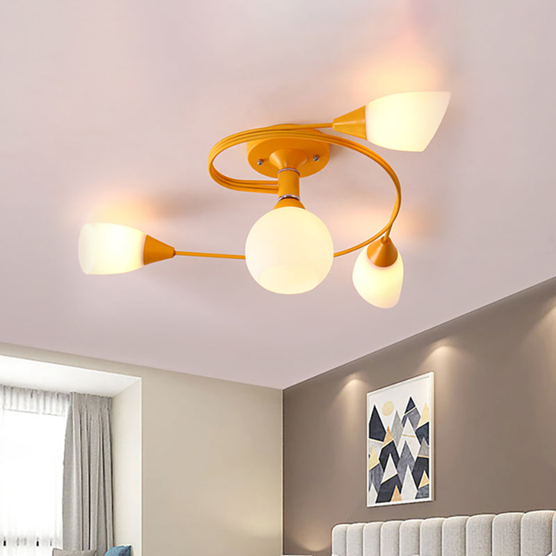 Curly Semi Flush Mount Light Nordic Fer 4/6 HEAD GREN / ROSE / JAUNE PLAFICATION AVEC BLAND D'ECVOIRE DE VERRE