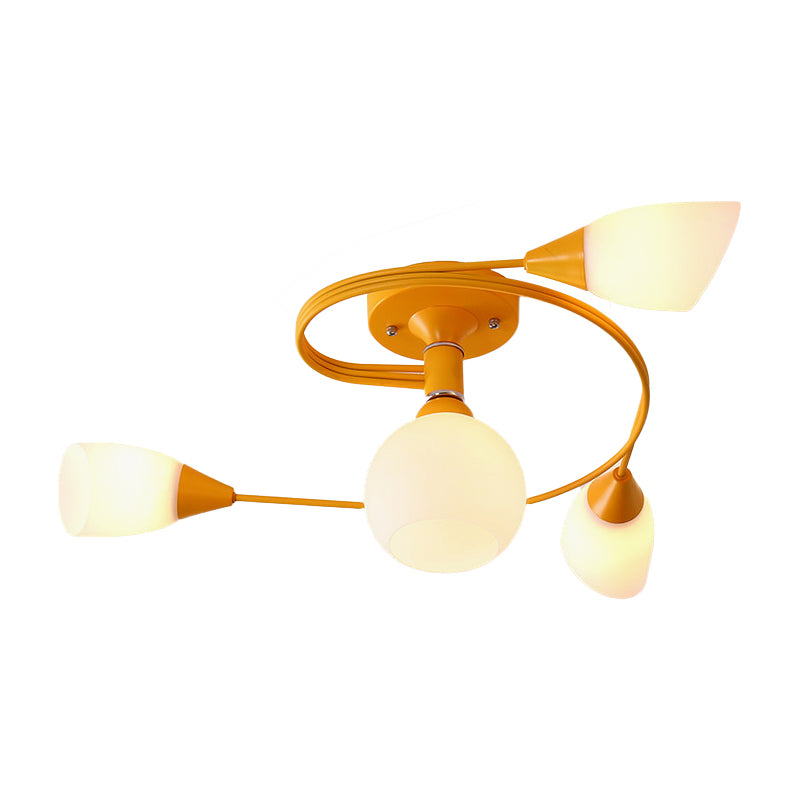 Curly Semi Flush Mount Light Nordic Fer 4/6 HEAD GREN / ROSE / JAUNE PLAFICATION AVEC BLAND D'ECVOIRE DE VERRE