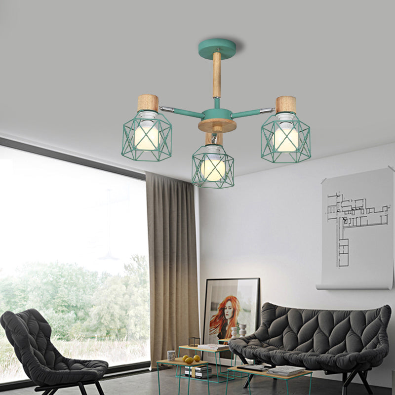 Cage Semi Flush Lamp Nordic Iron 3/6/8-Head Black/Green/Gold Ceiling Drop Pendant Lighting