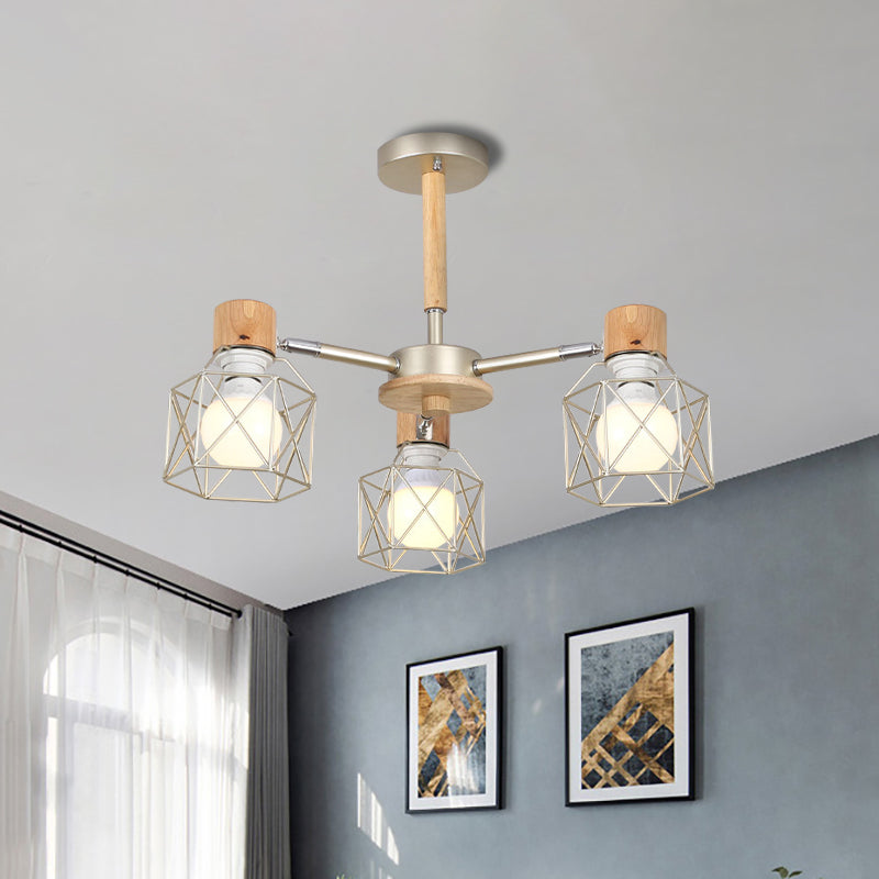 Cage Semi Flush Lamp Nordic Iron 3/6/8-Head Black/Green/Gold Ceiling Drop Pendant Lighting