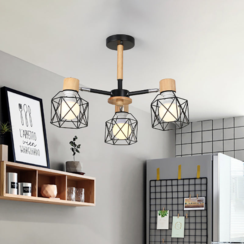 Cage Semi Flush Lamp Nordic Iron 3/6/8-Head Black/Green/Gold Ceiling Drop Pendant Lighting