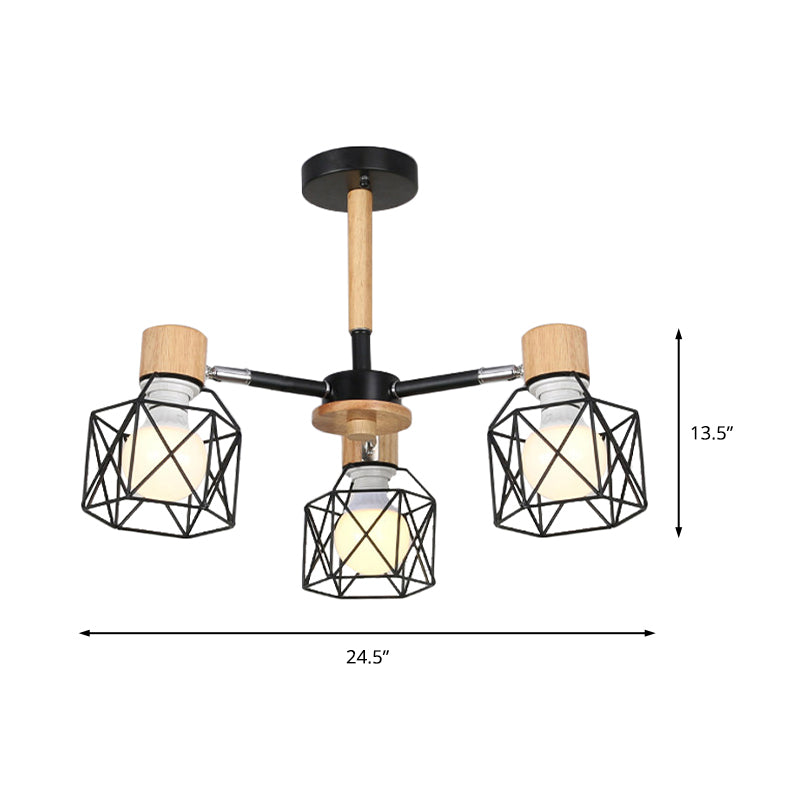 Cage Semi Flush Lamp Nordic Iron 3/6/8-Head Black/Green/Gold Ceiling Drop Pendant Lighting